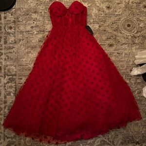 Mac Duggal Red Strapless Polka Dot Dress with Corset Back. NWT